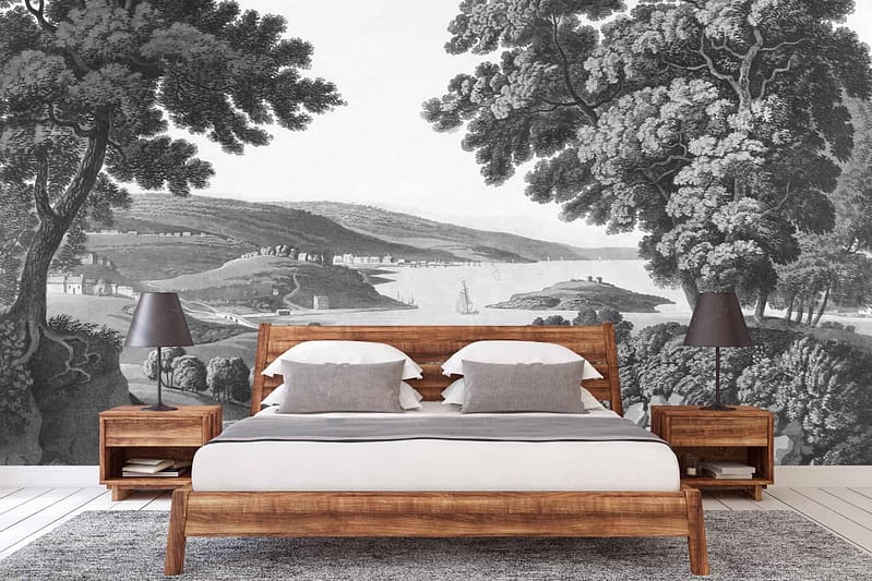 Wallpaper: monochrome wall mural, serene lakeside landscape, road to Washington, trees, hills, sailboats. Minimalistic black and white tones.