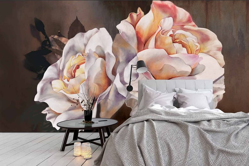 The wallpaper features a large floral mural with two prominent white and pink roses. The hues are soft yet striking, blending delicate whites with varying shades of pink against a potentially neutral background to make the flowers stand out.