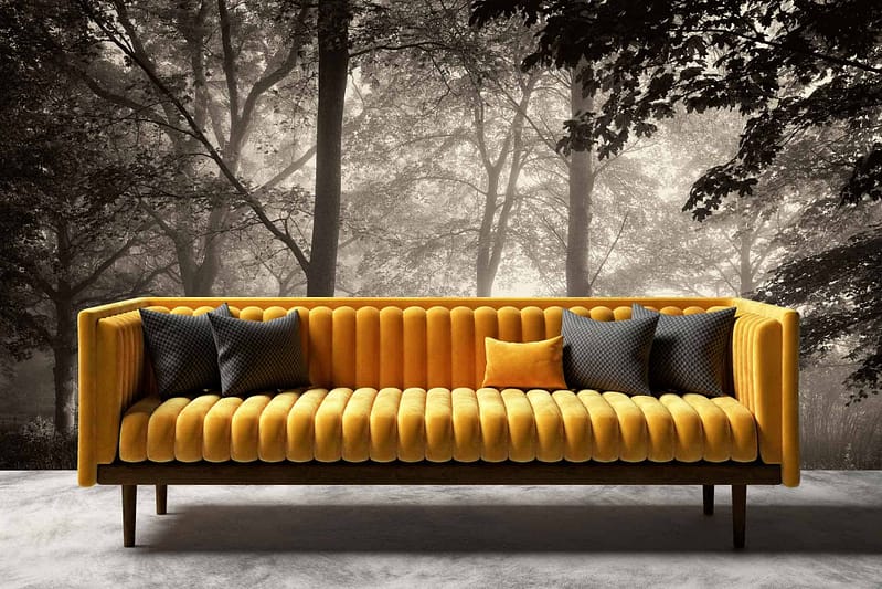 The wallpaper features a black-and-white forest backdrop with detailed trees, shadowy woods, serene ambiance, and contrasting monochrome tones.