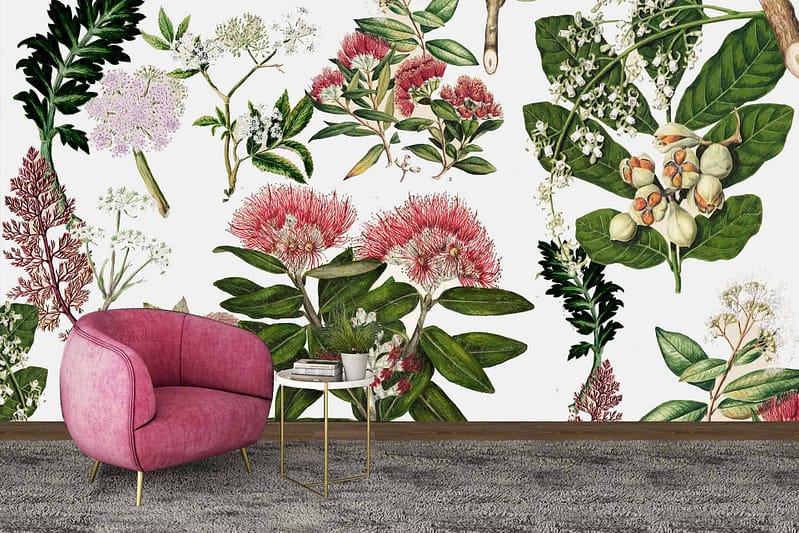 The wallpaper is the focal point, featuring vibrant botanical elements. It showcases illustrated flowers and leaves in shades of green, red, and white. The design's natural motifs give the impression that nature itself came to say goodbye.