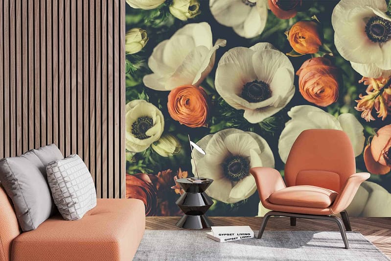 Wooden slat accent wall with a large floral mural. Vibrant mix of white and orange flowers, seasonal update in the mural.