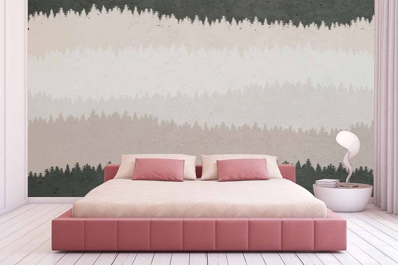 The wallpaper behind the bed showcases a mural of misty pine trees. Colors include varying shades of green, beige, and white. The misty effect adds depth and tranquility to the scene.