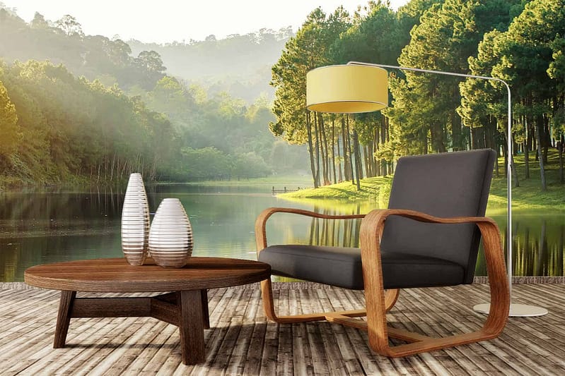 The wallpaper features a large wall mural displaying a peaceful forest and lake scene, with elements including lush greenery, tranquil blue water, and soft, natural tones. The overall ambiance combines the calming effect of nature with serene reflections.