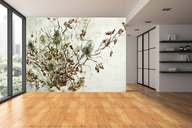 The wallpaper is a large, abstract floral mural featuring green and brown plants with flowing, interconnected branches.