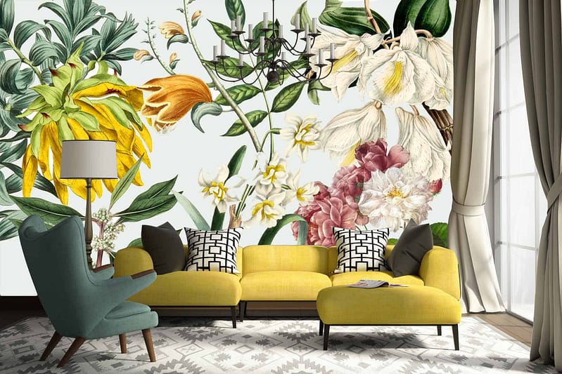 The "She's No Wallflower" wallpaper showcases colorful, oversized floral designs. Elements include large blooms in vibrant shades of pink, red, and orange, with green foliage. The background features subtle patterns and gradients that add depth to the florals.