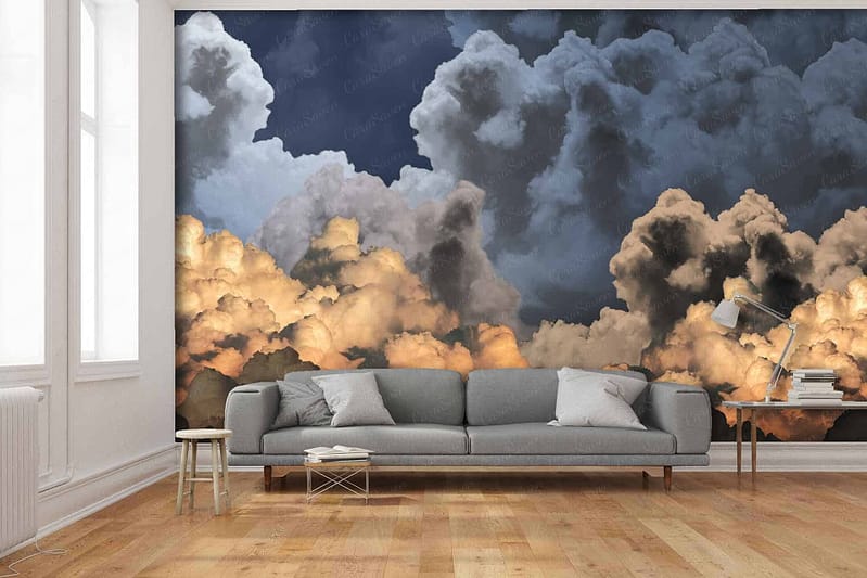 A large, striking mural of dramatic clouds in blue, gray, and gold hues.