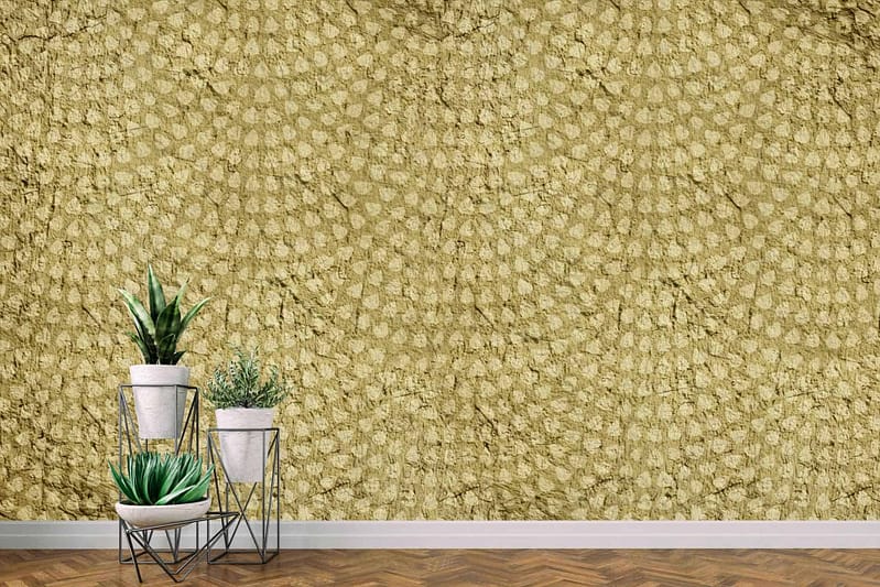 Textured, patterned wallpaper in shades of yellow and gold, intricate designs.