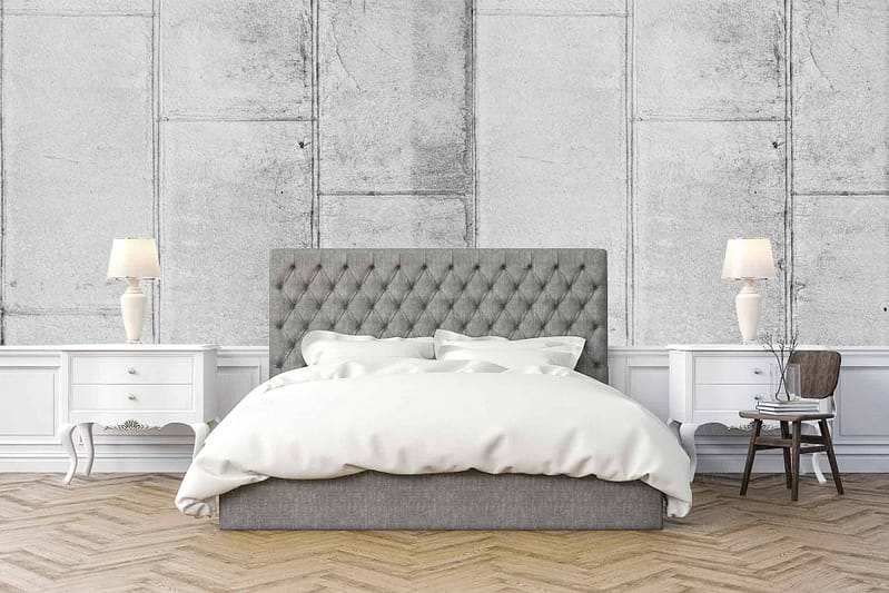 The wallpaper features a textured concrete pattern with subtle gray tones, complementing the room's modern industrial aesthetic.