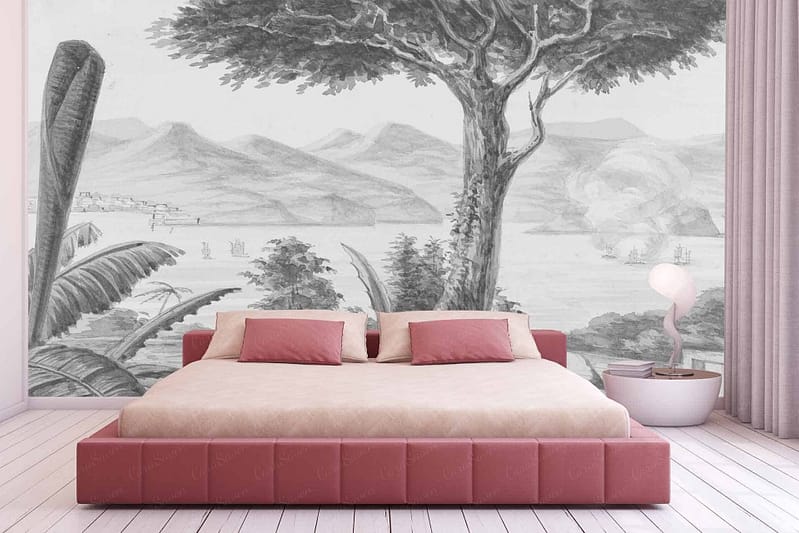 The wallpaper showcases a grayscale coastal landscape featuring mountains, trees, and water. The monochromatic palette creates a serene atmosphere reminiscent of tranquil travel destinations. The detailed depiction emphasizes the natural beauty of the scene.