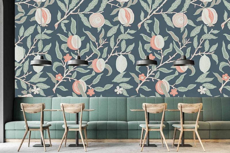 Botanical wallpaper with a fruit and leaves pattern. Includes greens, yellows, reds, and oranges.