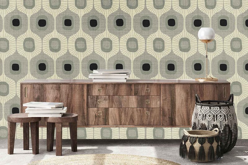 Retro-style geometric wallpaper featuring bold patterns and vibrant colors like mustard yellow, teal, burnt orange, and olive green.