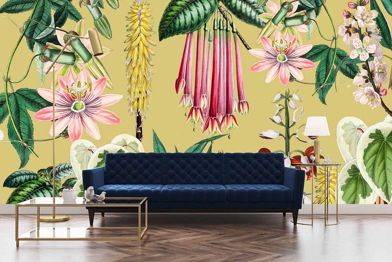 Vibrant botanical-themed wallpaper featuring large pink flowers, yellow blooms, and lush green leaves.