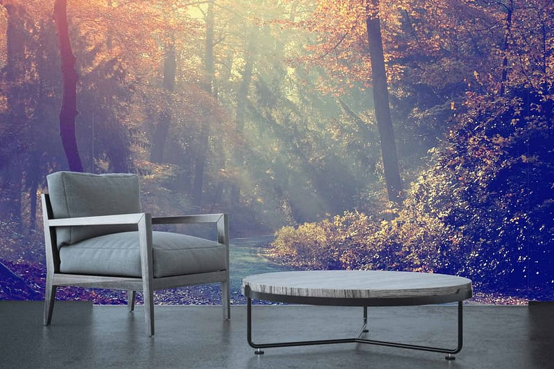 Forest mural with sunbeams, autumn trees, warm light, serene glow, filtering sunlight, nature scene.
