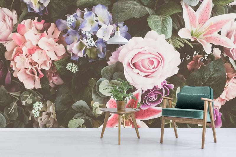 Wallpaper features a vibrant floral mural with various flowers in shades of pink, purple, and green.