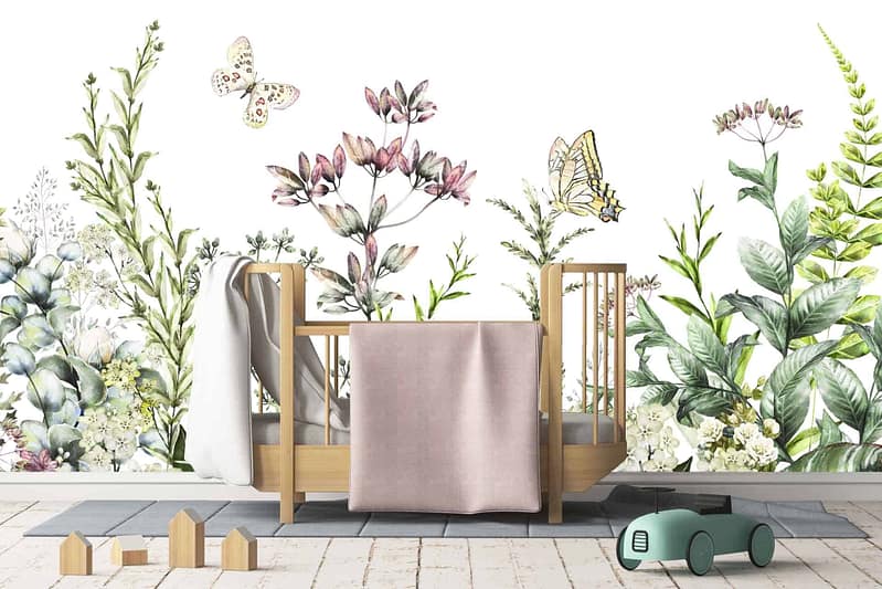 The wallpaper features delicate flowers, leaves, and butterflies. The colors include soft pastels such as blush pink, lavender, mint green, and sky blue. These elements contribute to a serene and whimsical atmosphere reminiscent of the magic of spring.