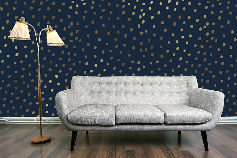 Dark wall, gold polka dots, starry night pattern.