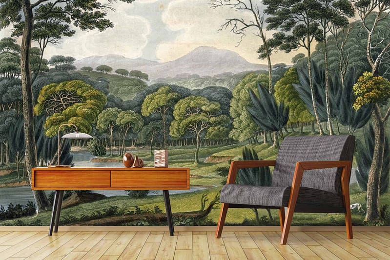 Wallpaper: Lush forest scene with mountains, trees, and river. Dominant colors: Green (various shades), blue (river and sky), brown (tree trunks and mountain details). Serene, natural setting perfect for starting over.