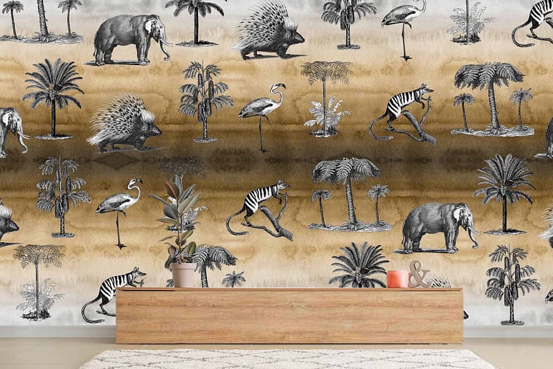 Decorative wall with a playful, monochrome animal pattern featuring elephants, zebras, flamingos, and porcupines among palm trees. Textured background in earth tones.