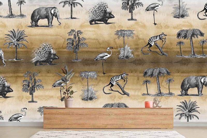 Artistic wallpaper features monochrome illustrations of various animals: elephants, porcupines, flamingos, and lemurs. Simplistic drawings of trees and vegetation. Gradient beige background reminiscent of a serene sunset.