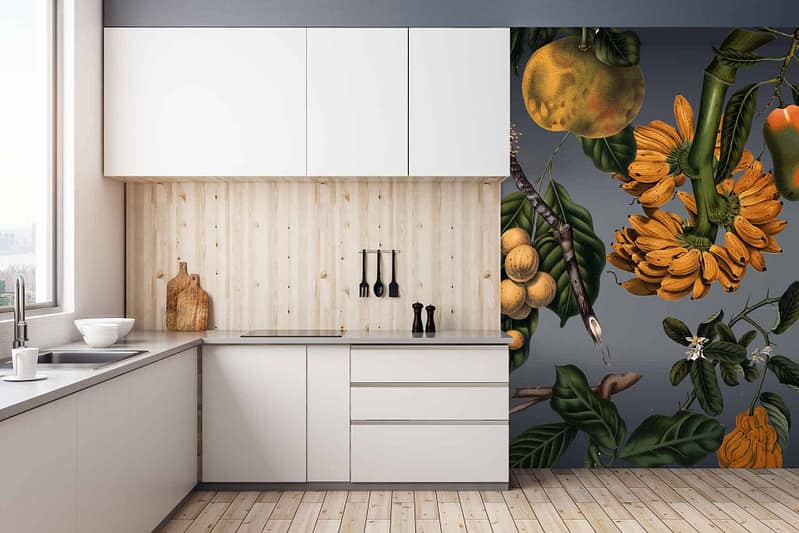 Colorful, large botanical mural featuring fruits and flowers. Elements include vibrant fruits like oranges, lemons, and berries; various flowers in shades of red, pink, yellow, blue; lush green leaves. Engaging design perfect for adding a splash of nature and color to modern spaces.