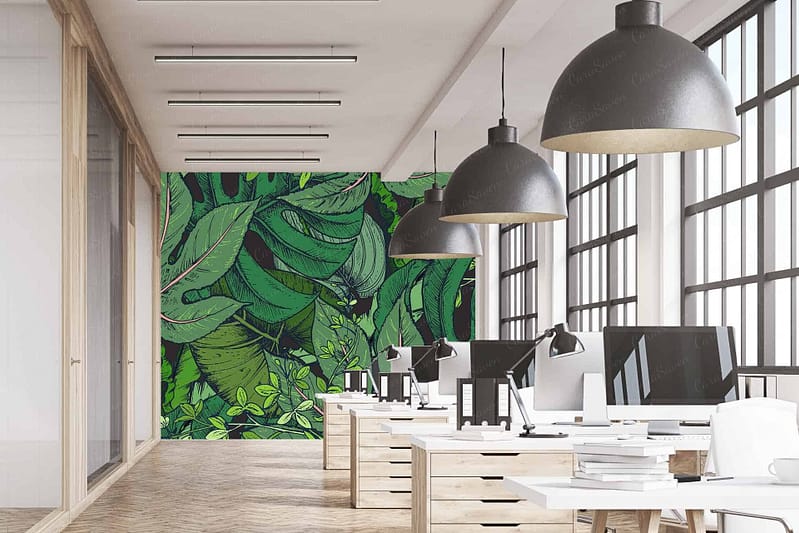 The wallpaper features a vibrant green leafy mural, showcasing various shades of green from deep forest to bright lime. Elements include intricate leaf patterns with veins, lush foliage, and natural textures that bring a lively and refreshing feel to the office space. The rich greens stand out vividly against any neutral background, adding an invigorating touch of nature.