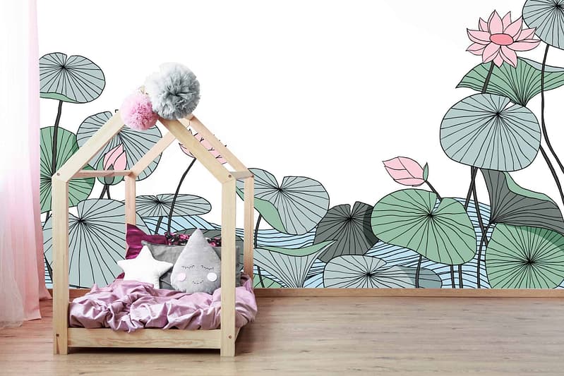 Large mural wallpaper featuring green lily pads and pink lotus flowers. Whimsical, nature-inspired theme.