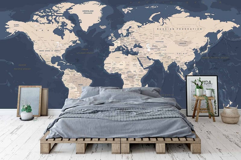 The wallpaper: A large mural featuring an intricately detailed world map titled "Take Me." The map displays continents and countries in varying shades of blue, green, and beige. It includes subtle topographical features highlighted in soft browns and whites. Text elements stand out in black, guiding a global adventure. Key colors: deep blues for oceans, earthy greens and browns for landscapes, beige details for borders and topography accents.