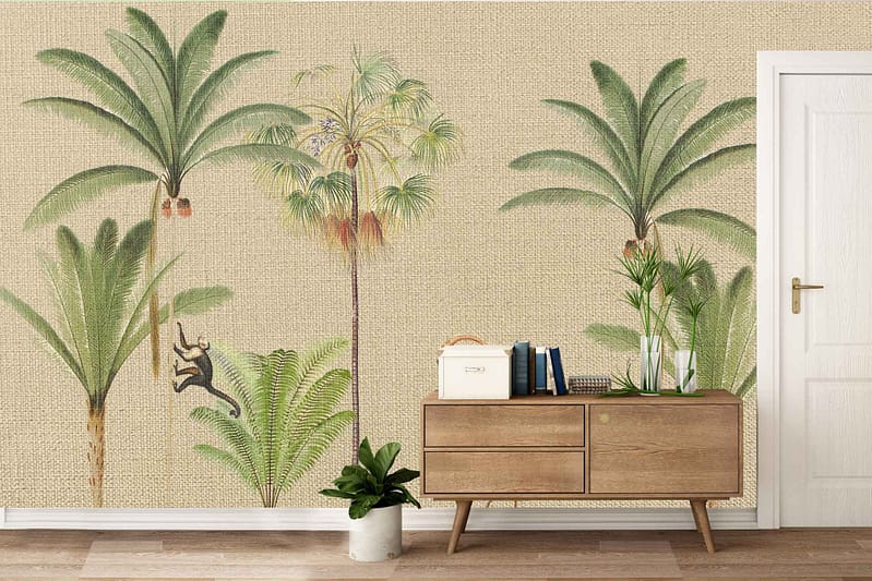 The wallpaper in the living room showcases a tropical theme with palm trees and lush ferns. Elements include dense green foliage and various shades of green to mimic paradise.