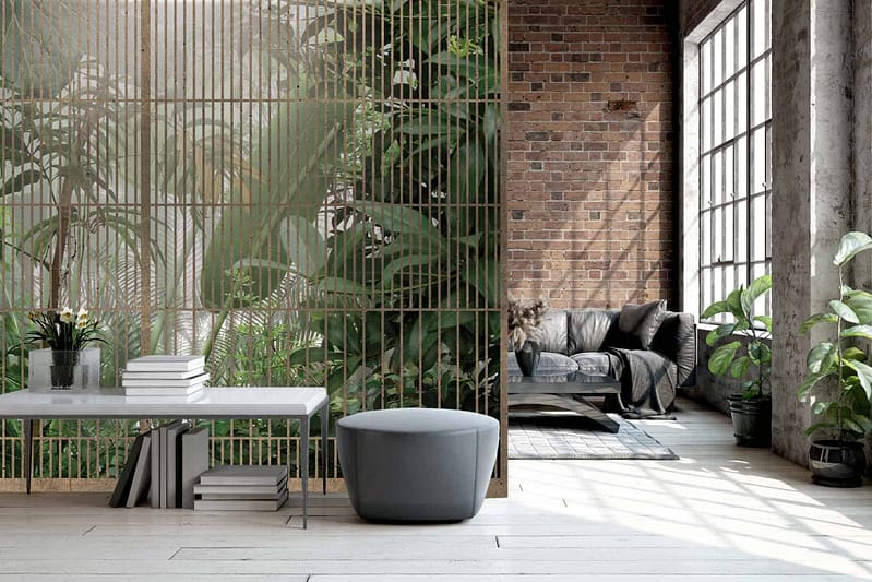 The wallpaper features a striking brick pattern, blending shades of earthy reds and browns with subtle variations for a realistic texture. Light pours in, contributing to its vibrant appearance.