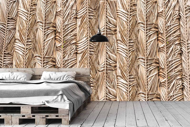 Textured wallpaper with a woven pattern of dried leaves; natural aesthetic; elements include leaf texture and weaving pattern; colors: earthy tones, beige, and brown.