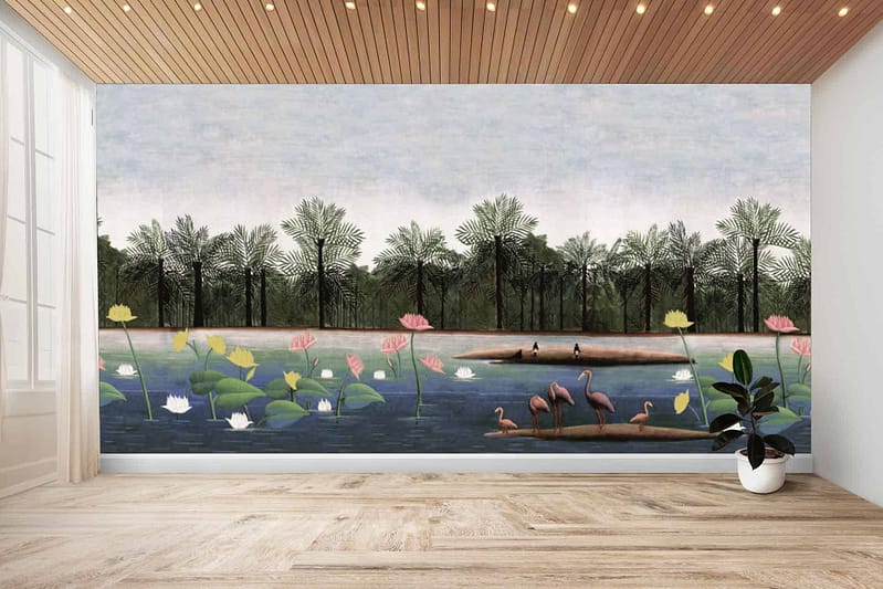 The wallpaper features a serene mural of a lush pond with pink flamingos, vibrant green water lilies, and tall palm trees in the background. Colors include shades of pink, green, and blue to evoke an island feel.