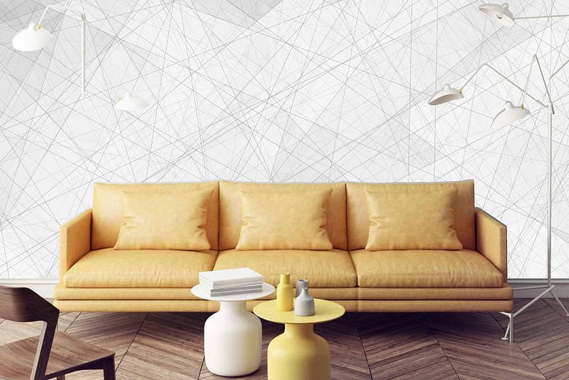 The wallpaper features a sleek white background adorned with a geometric line design reminiscent of "The Matrix." The pattern consists of intricate black lines forming interlocking shapes, creating a dynamic and modern visual effect. Ideal for adding a contemporary touch to the living room decor.