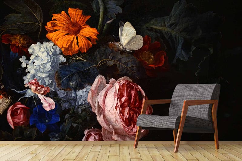 Dark floral wallpaper with detailed, vibrant flowers: large pink roses, orange flowers, green foliage, and a white butterfly.