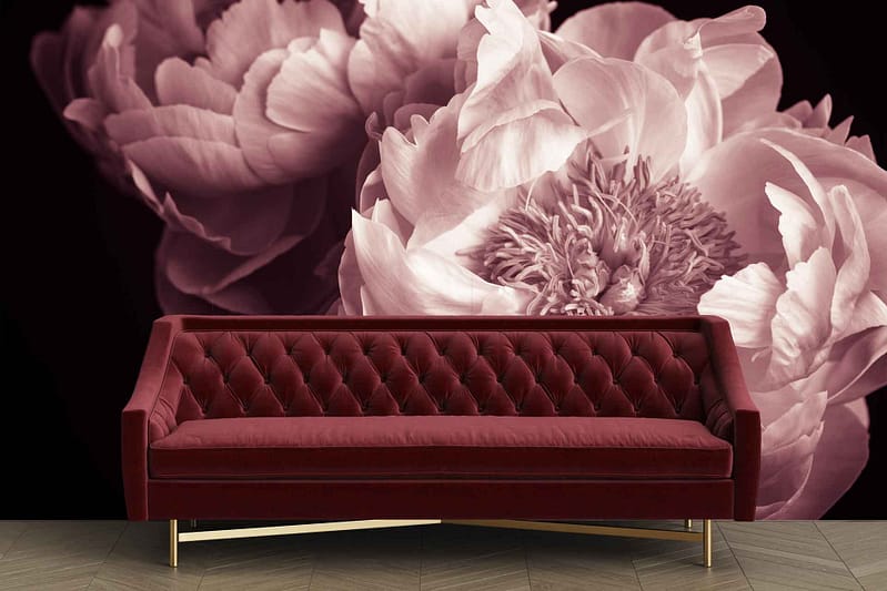 The wallpaper features an enlarged black and white floral mural depicting peonies in full bloom.