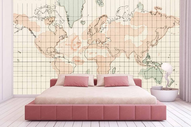 The World Simplified" mural is a large, minimalist world map. It features light gray continents on a white background with subtle country borders. The map’s ocean areas are in an even lighter shade of gray, creating a clean and uncluttered look. This wallpaper pairs seamlessly with the room's aesthetic while adding an educational touch to the space.