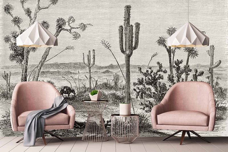 Desert landscape mural, grayscale. Features: cacti, desert plants. Colors: shades of gray, black, white. Elements: various cacti shapes and sizes, desert foliage and terrain details.
