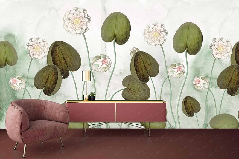 The wallpaper features a floral theme with large designs of lily pads, tiger lilies, and lotus flowers. The color palette includes muted greens and whites, creating a serene and natural ambiance perfect for a minimalist aesthetic.
