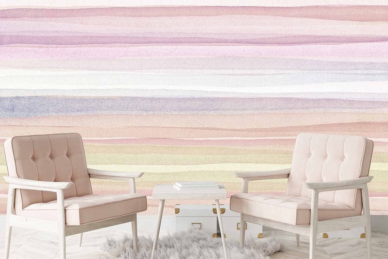 Pastel-colored striped wallpaper with hues of pink, purple, and beige.