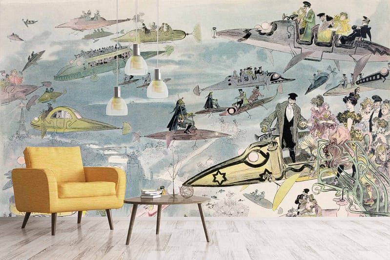 Whimsical, wall mural, futuristic, steampunk-inspired, flying machines, time travel, colorful, retro elements, fantasy elements.