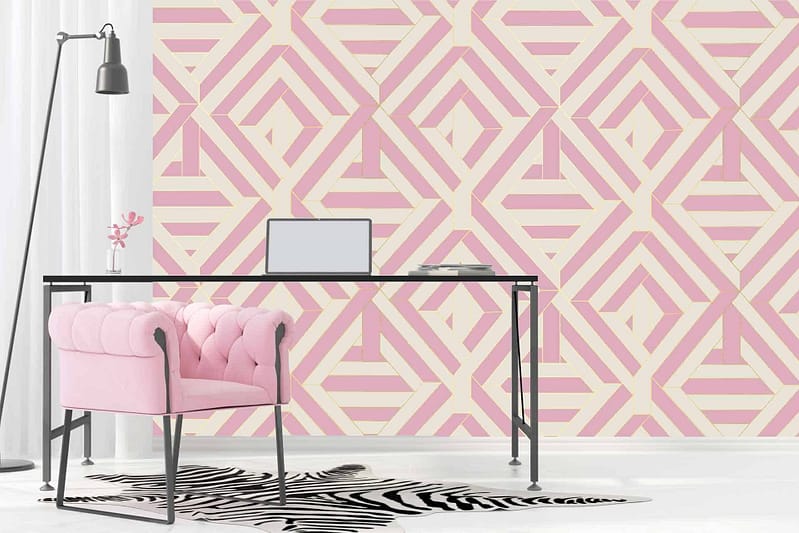 Geometric pink and beige wallpaper designs feature bold shapes and patterns reminiscent of Times Square's vibrant energy. Look for elements like triangles, squares, or abstract motifs in varying shades of pink and beige. The wallpaper should exude a dynamic feel with its contrasting colors and modern design lines.