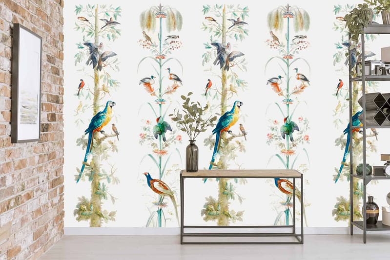 The wallpaper features vibrant, colorful birds and foliage patterns reminiscent of a totem pole. Bright feathers, lush leaves, and intricate designs heighten its intricate, eye-catching details.