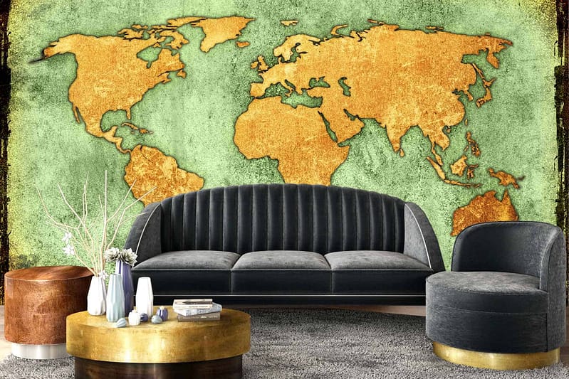 The wallpaper is a large world map mural featuring golden continents on a textured green background.