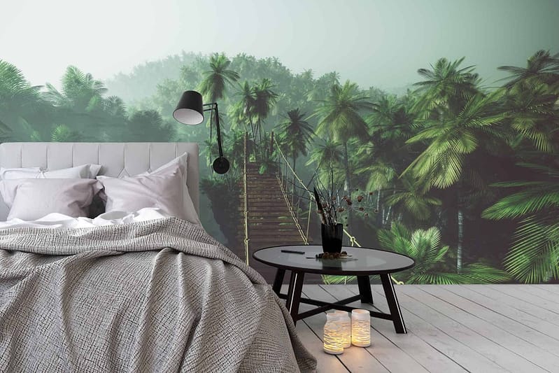 Lush jungle mural with green foliage, treetop walkway, and wooden suspension bridge. Rich greens, browns, and natural tones dominate the design.