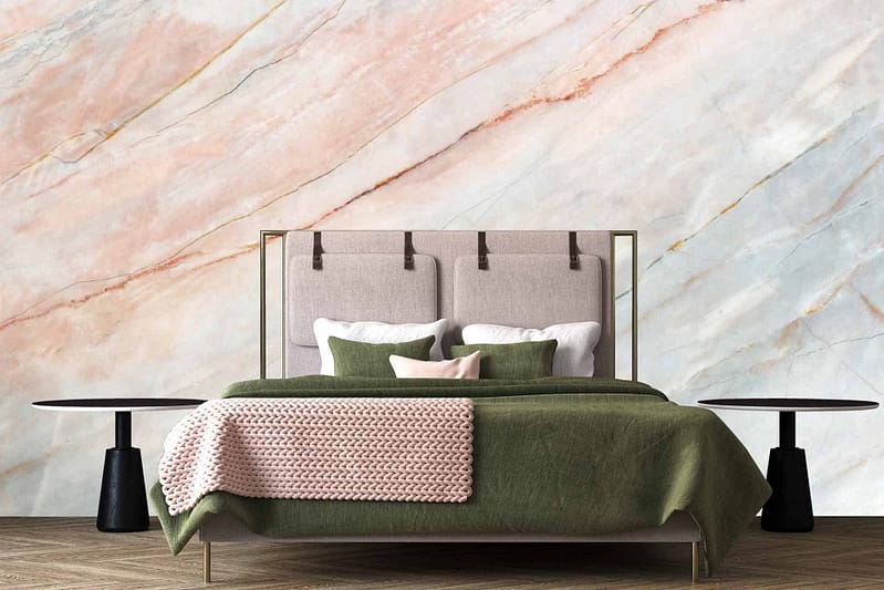 Trend Alert: Marble-textured wallpaper in modern bedrooms! Featuring elements like swirling gray patterns with white veins, this luxurious wall decor adds a sleek, sophisticated backdrop. Ideal for elevating any space with its elegant, timeless appeal.