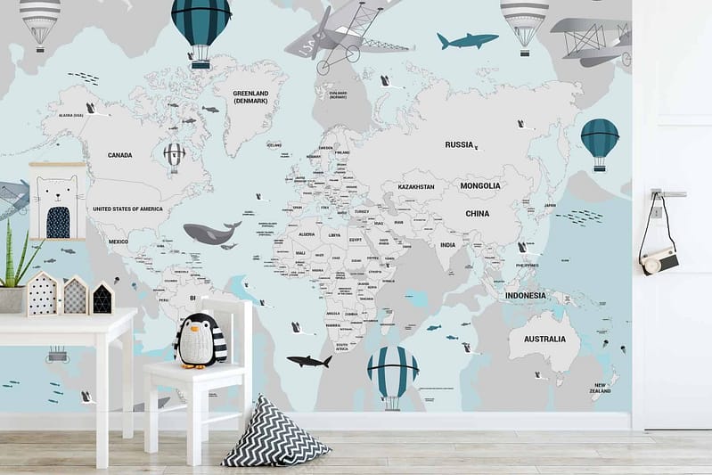 The whimsical world map mural features a vibrantly illustrated world with playful hot air balloons, colorful planes soaring through the sky, and majestic blue whales swimming in the oceans. Scattered across continents are tiny, adorable animals like elephants, penguins, and lions frolicking in their natural habitats. The background showcases soft pastel hues of blues for the skies and greens for the land masses. The borders of each continent are subtly outlined, adding definition without overwhelming detail. Brightly colored dotted lines trace imaginary flight paths connecting various landmarks around the globe. Clouds painted in fluffy white float gently overhead, enhancing the dreamy atmosphere.

**Elements:**
- Hot Air Balloons (colorful)
- Planes (red and yellow)
- Whales (blue)
- Tiny Animals (elephants-gray, penguins-black/white, lions-yellow/orange)

**Colors:**
- Pastel Blue Sky
- Soft Green Land
- Fluffy White Clouds