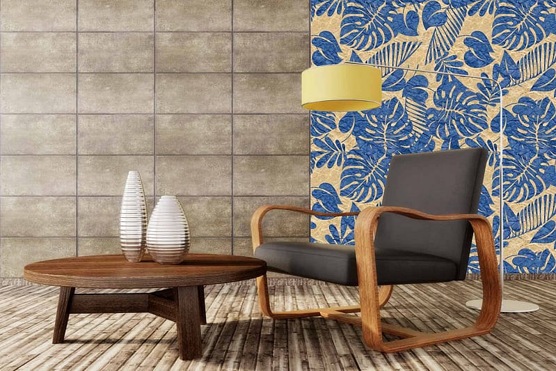 The wallpaper features a tropical blue leaf pattern set against plain brown tiles. Key elements include vibrant blue foliage and natural earth-toned background.