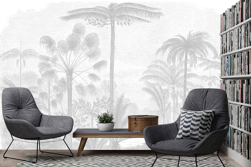 The wallpaper features a mural depicting palm trees swaying in tropical weather. Elements include tall green palm trees with detailed fronds, a colorful sky with hues of blue and orange indicating either sunrise or sunset, and gentle waves in the background.