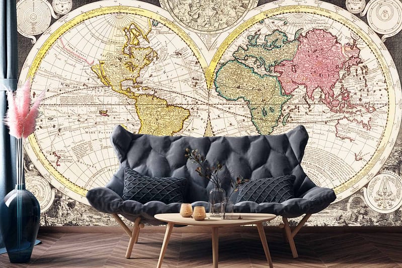Large vintage world map mural, heart-shaped style, continents in muted pastel colors