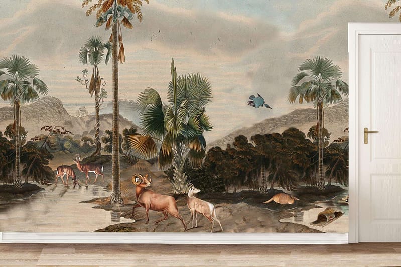 The wallpaper mural features an intricate landscape with lush green hues, depicting various detailed animals like deer in shades of brown, gazelles in light tans, and tortoises with dark green and brown shells. Birds are seen flying with blue and white feathers. The backdrop includes vibrant plants in a spectrum of greens, dotted with colorful flowers—reds, pinks, yellows. A stark contrast is created by an unfound white door on the right side.