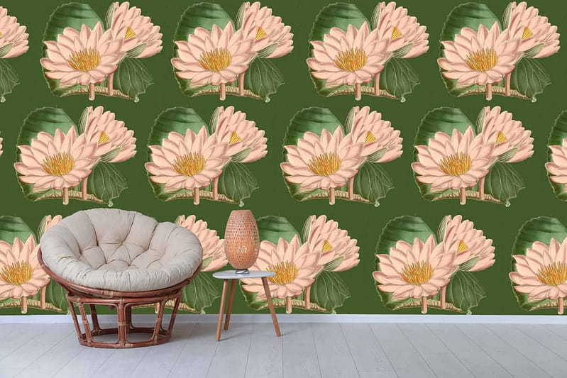 Tropical floral wallpaper, large pink flowers, green leaves, elegance of wading lily.
